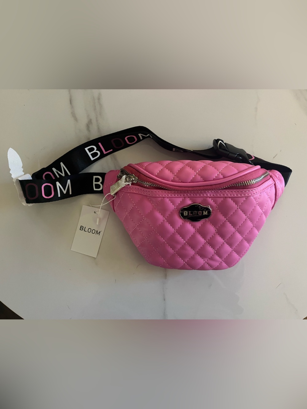 bloom Pink Quilted Crossbody Belt Bag with Branded Strap